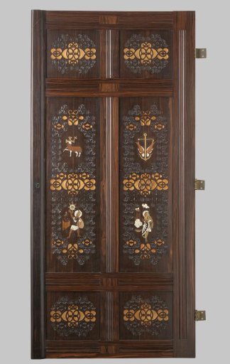 Door panel of coromandel wood with lamb, man, anchor, and man with a scale