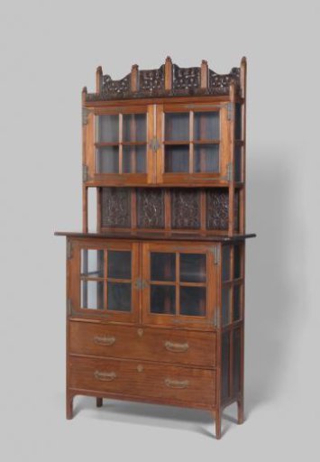 Display case consisting of a lower and upper cabinet with openwork panels in floral motifs