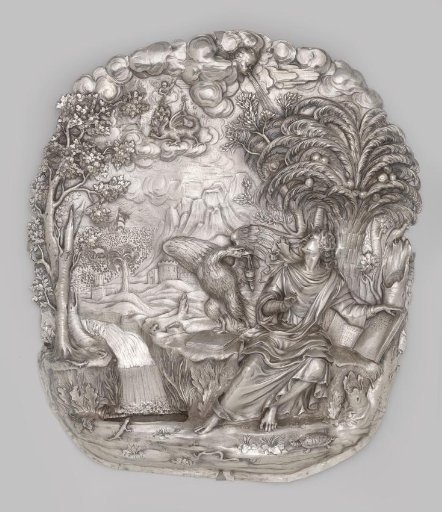 Holy water font of chased silver with a depiction of John the Baptist