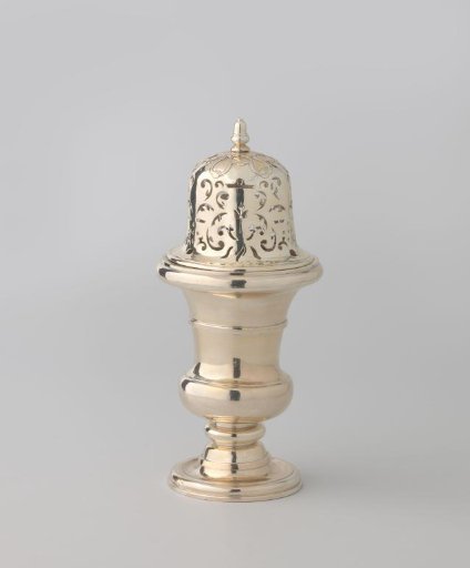 Silver sugar sifter in the form of a garden vase, with a dome-shaped sifting lid, pierced with plant motifs