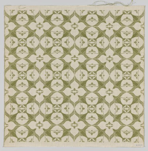 Steel-woven linen damask fabric with a pattern of swallows and bees