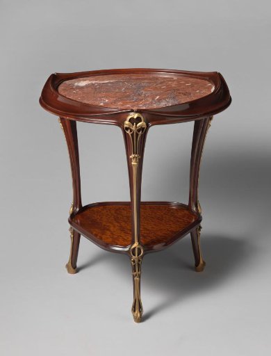 Table Resting on Three Legs with a Top and Intermediate Shelf of Red-Brown Veined Marble