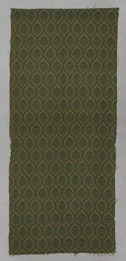 Upholstery fabric, jacquard weave with pattern of pointed oval fields with leafy vines, dark green weft on soft yellow warp