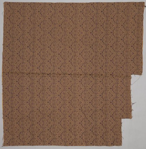 Upholstery fabric, jacquard weave with pattern of pointed ovals with vines, purple weft on pale yellow warp