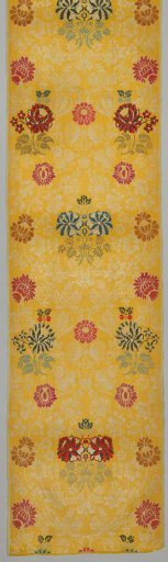 Weave of woollen crepe, multicoloured flowers on a yellow ground with a pattern of branches, leaves and flowers in white