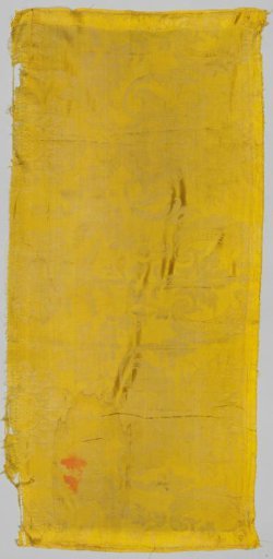 Fragment of yellow silk damask with a pattern of a rural scene