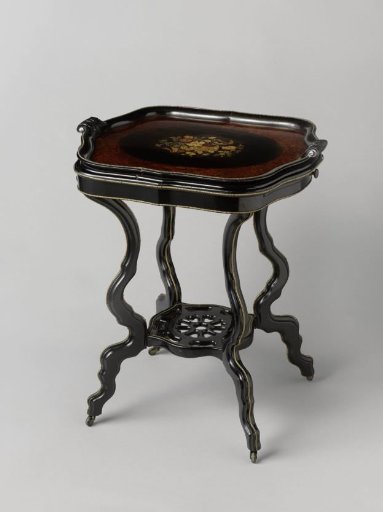 Tea table, black, with a top inlaid with marquetry