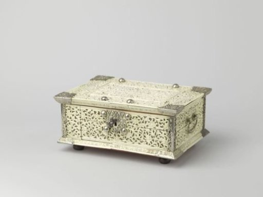Chest, Decorated with Openwork Ivory Plaques Against a Reflecting Background. Corner Mounts, Handles, Key Plate, and Key of Silver
