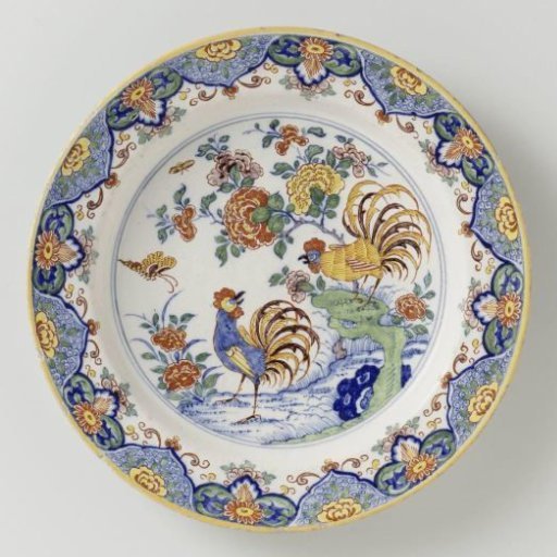 Plate, painted with two roosters and flowers in a landscape