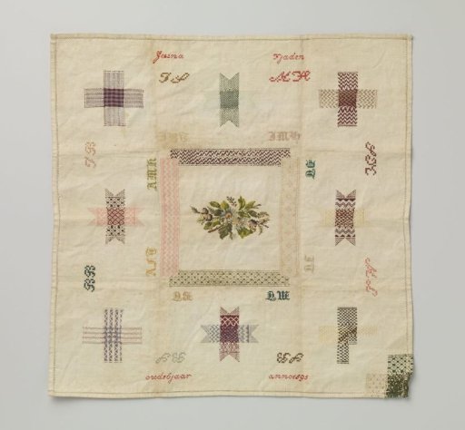 Patch of multicoloured silk on linen.