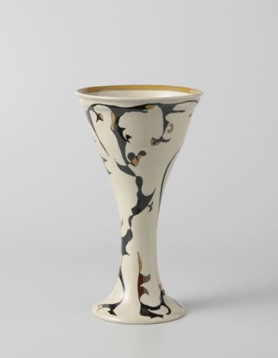 Vase with tulips, decoration "Spichtig" in black, yellow-brown and brown