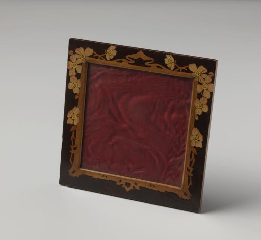 Portrait Frame of Dark Red Wood with Inlaid Pink Flowers, Emerging from Behind a Yellow Inner Frame