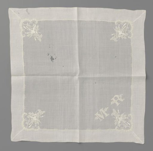 Square handkerchief of linen batiste, decorated in the corners with white work in the form of hunting attributes; with embroidered initials MR