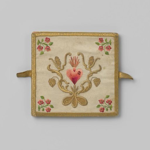 Tablecloth of white damask with embroidery of scrolling ribbons, flowers, and grapes
