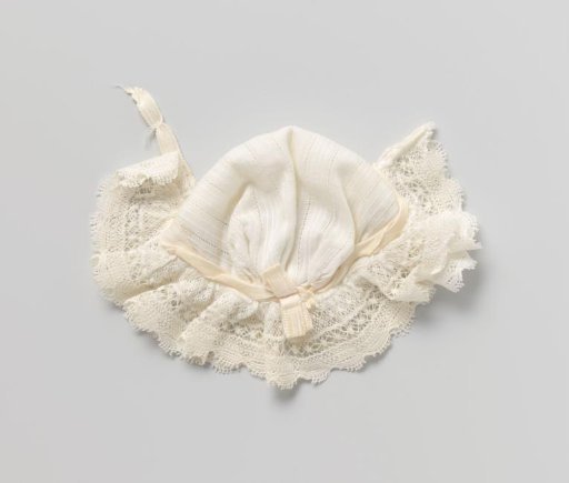 Doll's cap of net fabric, with lace strips and pink ribbon