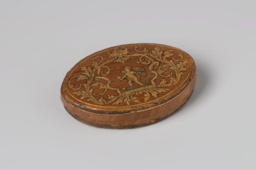 Box, Oval, of Woven Straw with Cupid Among Leafy Vines and, on the Inner Side of the Lid, Venus and Cupid