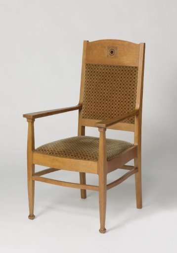 Armchair with a carved woven rosette and upholstered in green moiré with red check patterns