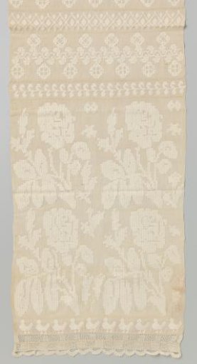 Buffet Runner of Ecru Cotton, Decorated with Woven Relief Motifs Featuring Rose and Chicken Designs and Stripes of Ornamental Work in the Center; Finished with Bobbin Lace Blocks