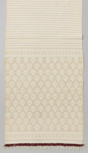 Buffet Runner of Ecru Cotton, Decorated with Woven Relief Motifs Featuring a Flower Field and Narrow Stripes; Dark Red Beads Strung in the Fringe of the Fabric