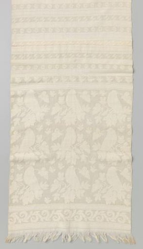 Buffet runner of ecru cotton, decorated with woven relief motifs featuring a bird on a stool and narrow stripes.
