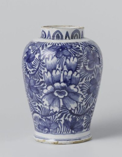 Lidded pot, painted with leaf and flower branches. Lid missing