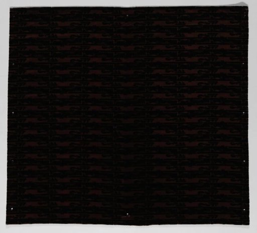 Fragment of printed calico with ornamented stripes, in violet and dark purple