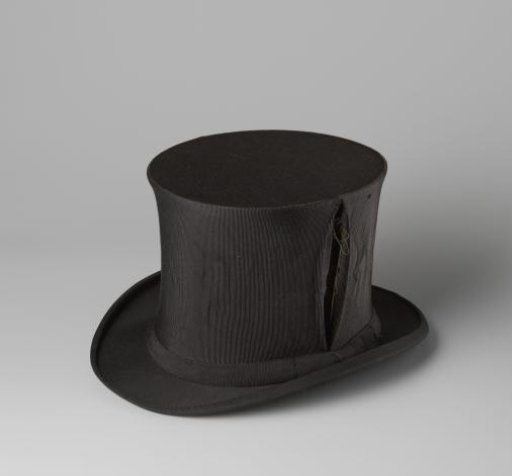 High hat of dull black taffeta with feather mechanism