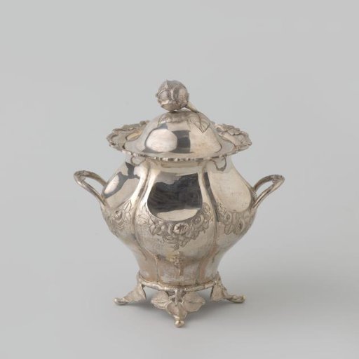 Silver sugar pot, six-lobed body on four legs in the form of curved branches and with slightly raised ears