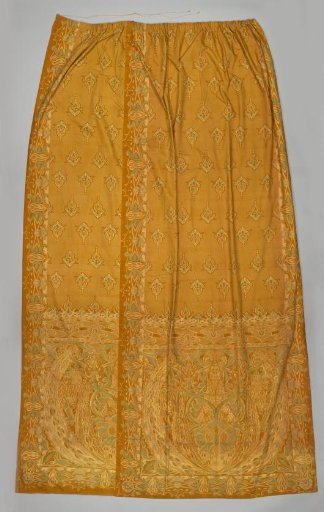 Curtain of printed cretonne with geometric decoration and peacocks in natural, ochre-yellow and green