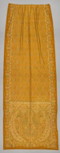 Curtain of printed cretonne with geometric decoration and peacocks in natural, ochre-yellow and green