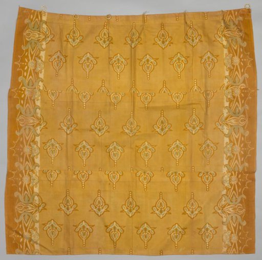 Curtain of printed cretonne with geometric decoration and peacocks in natural, ochre-yellow and green