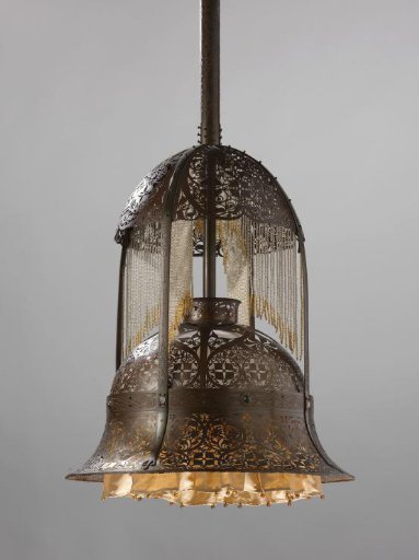 Dining room lamp of copper with a fringe of glass beads