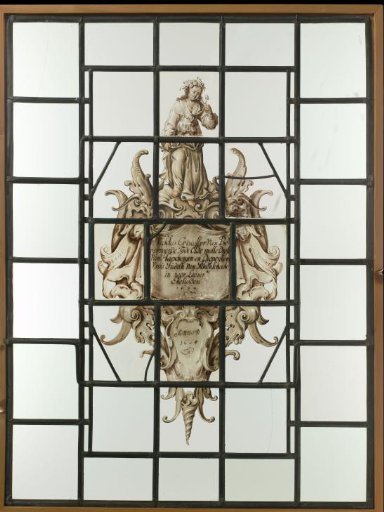 Pane with a cartouche in strapwork style bearing a coat of arms with the inscription "Nicklas Cristoffer van Bevervoerde........Drost van Haexbergen en Diepenhem 1664"