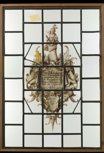 Pane with a cartouche in strapwork style bearing a coat of arms and text "Ernest Wilhelm Grave tot Bentem Tecklaborch Steenvoorden en Limborch, Heer tot Rheda... 1664"