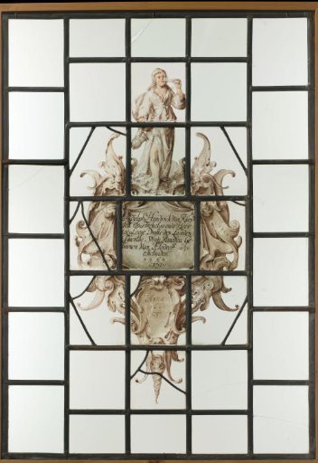 Pane with a cartouche in strapwork style bearing a coat of arms with the text "Adolph Hendrick van Raesfelt too Twickeloo ende Heer Toe Laege...1664"