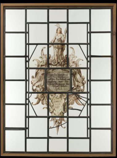 Lozenge with cartouche in the Quattrocento style containing a coat of arms with the text "Rutger van Haersolte toe Haerst Heere Van Staveren Landtdrost Van Sallandt... 1664"
