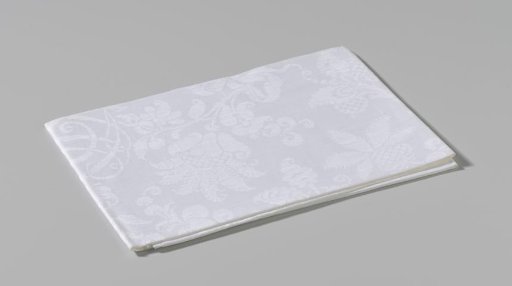 Linen damask napkin with a floral pattern and the arms of Rutgers and Block