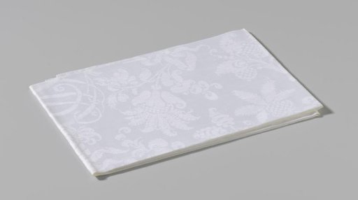 Linen damask napkin with a floral pattern and the arms of Rutgers and Block