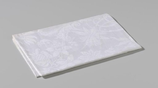 Linen damask napkin with a floral pattern and the arms of Rutgers and Block