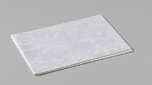 Linen damask napkin with a floral pattern and the coat of arms of Rutgers and Block