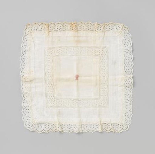 Handkerchief of white cotton with openwork embroidered edges and inserts, marked AW in red on white