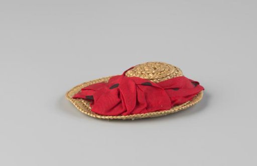 Hat of natural straw with red, black-checkered silk, belonging to doll "LILLY"
