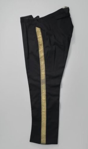 Trousers of black cloth with long legs and sewn-on waistband, at the back with loose straps with a buckle of black cloth, small straight slash pockets at the front center