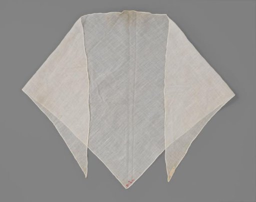Fichu of cotton cheesecloth, triangular, with red cross-stitches in the point marked 'GAV/ 6'