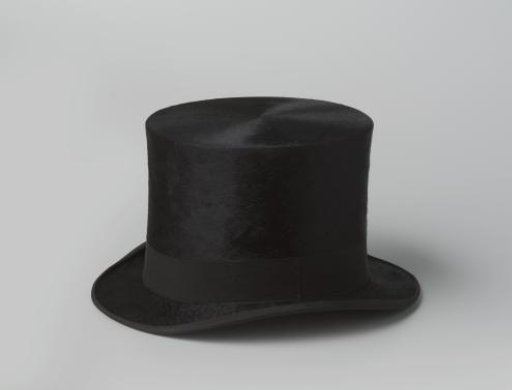 Top hat of black high-gloss silk plush, with a band of black grosgrain ribbon, and lined inside with white silk