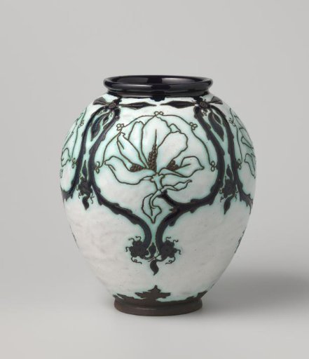 Vase with floral decoration in blue on a white ground on a dark brown sherd