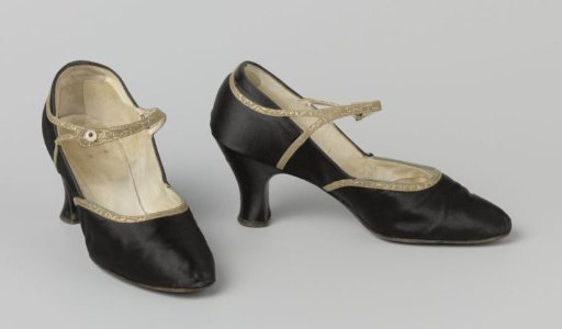 Band Shoe in Black Satin with a Narrow Band of Gold-Colored Tooled Leather Over the Instep, Running Along the Heel and Under the Sole, Trimmed with the Same Band