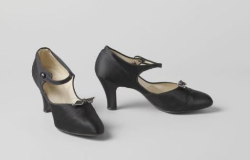 Lady's Shoe of Black Satin with Ankle Strap and Black Clasp with Silver Cord