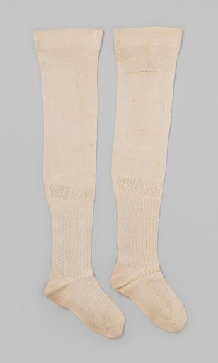 Stocking of white cotton tricot with knitted openwork cuff of stripes and wave pattern and plain calf part