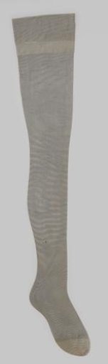 Stocking of light grey shiny rayon, from top to toe with narrow horizontal stripe, wide cuff